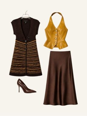 🌼 BCBGMAXAZRIA Y2K Knit Cardi /Dress | Chocolate
Brown & Mustard Stripe | Size L